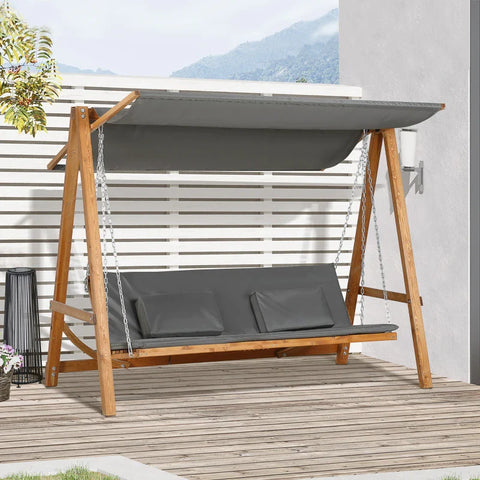 Rootz Hollywood Swing With Bed Function - 3-seater Garden Swing With Roof - Hollywood Lounger - Garden Lounger - Pine Wood - Polyester - Gray + Teak - 225.5 x 113 x 180 cm