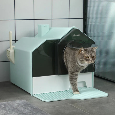 Rootz Cat Litter Box - Hut Design - 1 Strainer - 1 Litter Scoop - Removable Base Tray - Plastic - ABS - Green - White - 47L x 45W x 42H cm