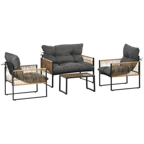 Rootz Garden Furniture Set - 4 Pieces - Sofa - 2 Chairs - Table - Glass Top - Seat Cushions - PE Rattan-polyester-steel - Anthracite-brown - 106 x 70D x 72H cm