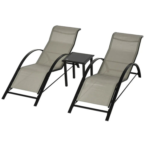 Rootz Garden Lounger Set - Sunbeds - 3 Pcs - 2 Sun Loungers - 1 Side Table - Metal Frame - Metal - Polyester - Gray-black - 59W x 169D x 66H cm