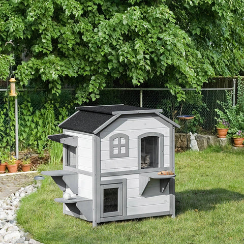 Rootz Cat House - 2 Tier - Weather Resistant - Weatherproof - Sliding Window - Solid Wooden Frame - White + Gray - 123L x 63W x 112H cm