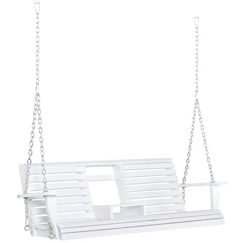 Rootz Hanging Bench - Hollywood Swing - With Folding Table And Cup Holders - Natural Wood - White - 150L x 75W x 53H cm