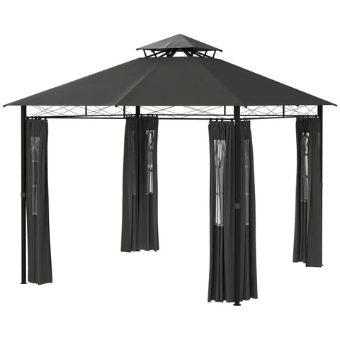 Rootz Garden Gazebo - Pavilion Party Tent - Two-story Roof - Air Circulation - Metal-polyester - Black+dark Gray - 2.95L x 2.95W x 2.85H m