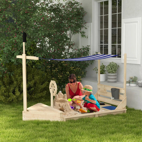 Rootz Sandbox - Pirate Ship Sandpit - Play Kitchen Set - Sun Shade - Fir Wood - Natural Wood - 180 X 103 X 144.5 Cm