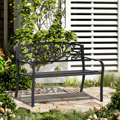 Rootz Metal Flower Garden Bench - 2 Seater - 240kg Load Capacity - Steel - Black - 127L x 60W x 87H cm