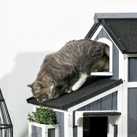 Rootz Outdoor Cat House - Two Level - Multiple Entrances - Water-Resistant Roof - Gray - 96 x 65 x 85.5cm