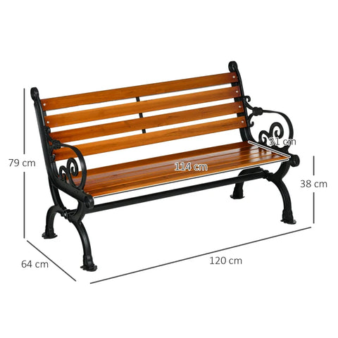 Rootz Garden Bench For 2 People - Decorative Armrests - For Garden And Terrace - Cast Aluminum + Natural Wood - Teak - 120 x 64 x 79 cm
