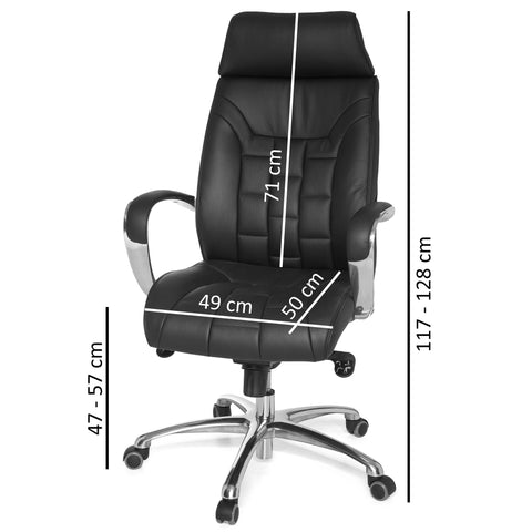 Rootz XXL Executive Chair - Office Chair - Genuine Leather - High Backrest - Lumbar Support - Aluminum Armrests - Chrome Base - 120kg Capacity - 8h Sitting Time - 66cm x 62cm x 118-128cm