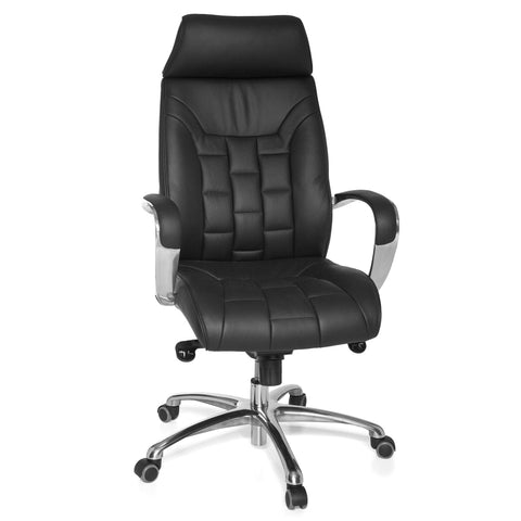 Rootz XXL Executive Chair - Office Chair - Genuine Leather - High Backrest - Lumbar Support - Aluminum Armrests - Chrome Base - 120kg Capacity - 8h Sitting Time - 66cm x 62cm x 118-128cm