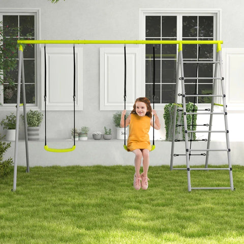 Rootz Children's Swing Set - with Climbing Net - Rung Ladder for Children - Steel Frame - Green - 260cm x 185cm x 180cm
