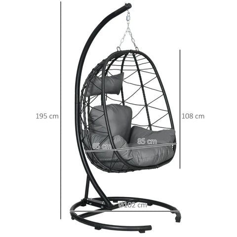 Rootz Hanging Chair - Outdoor Hanging Chair - Egg Chair - Weather Resistant - Includes Padding - Pillow - Rattan Rocking Chair - Steel-PE Rattan-polyester-PP Foam - Black-dark Gray - 102cm X 102cm X 195cm