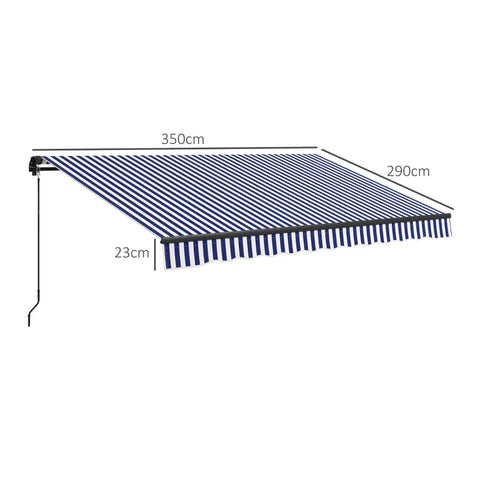 Rootz Sun Awning - Wall Mount - Awning Patio - Hand Crank - Weather Resistant - Aluminum-Metal - Blue - White - 350L x 290W cm