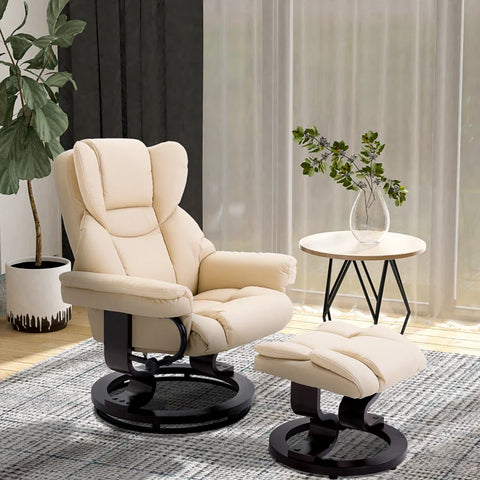 Rootz Relaxation Chair With Stool - Reclining Function - Rotatable - Up To 160 Kg - Faux Leather - Metal Frame - Cream - 80 x 79 x 100 cm
