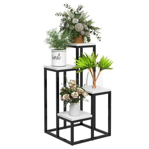 Rootz Flower Shelf - 4 Tier Plant Shelve - Flower Rack - Indoor & Outdoor - Metal Frame - Fir Wood - Black + White - 34L x 34W x 70H cm