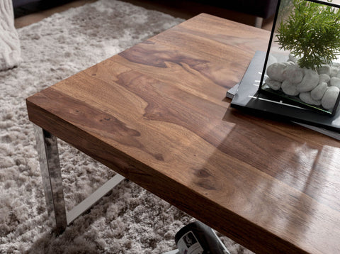 Rootz Solid Wood Coffee Table - Living Room Table - Wooden Table - Sheesham Wood - Elegant Chrome Feet - Unique Wood Grain - Rectangular Shape - 120cm x 40cm x 60cm