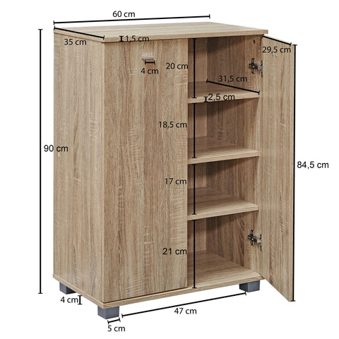 Rootz Modern Shoe Cabinet - Storage Organizer - Sonoma Oak - Space Saving - 60cm x 90cm x 35cm - Stylish Handles - 4 Compartments - Easy Assembly