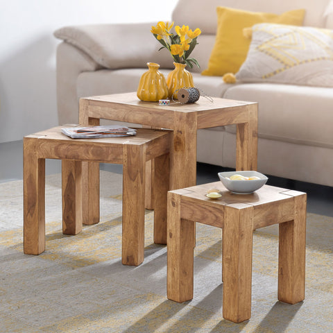 Rootz 3 Piece Set Nesting Tables - Solid Wood - Acacia - Handmade - Space-Saving - Unique Grain - 45cm x 50cm x 36cm