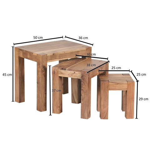 Rootz 3 Piece Set Nesting Tables - Solid Wood - Acacia - Handmade - Space-Saving - Unique Grain - 45cm x 50cm x 36cm