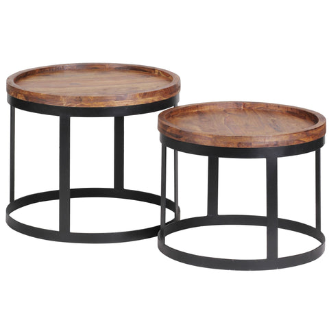 Rootz 2 Piece Set Side Tables - Living Room Tables - Round Table Tops - Stylish Grain - Metal Base - Handcrafted - Sheesham Wood - 53cm x 45cm x 53cm / 48cm x 40cm x 48cm - Classic Design