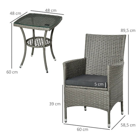 Rootz Rattan Garden Furniture Set With Side Table - Bistro Set - Balcony Furniture - Seating Set With Seat Cushion - Polyrattan + Steel - Gray - 60 x 58.5 x 89.5 cm