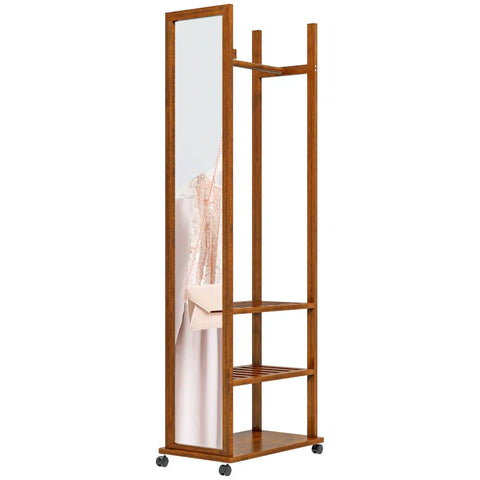 Rootz 2-in-1 Mirror - Full-length Mirror - Dressing Tables & Mirrors - Wardrobe - 1 Clothes Rail - 3 Shelves - Pine Wood - Natural - 35.8 x 59.8 x 170 cm