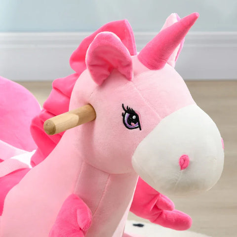Rootz Rocking Horse In Unicorn Design - With Lap Belt - Music Function - Plush Cover - Metal Frame - Pink - 65cm x 35cm x 45cm