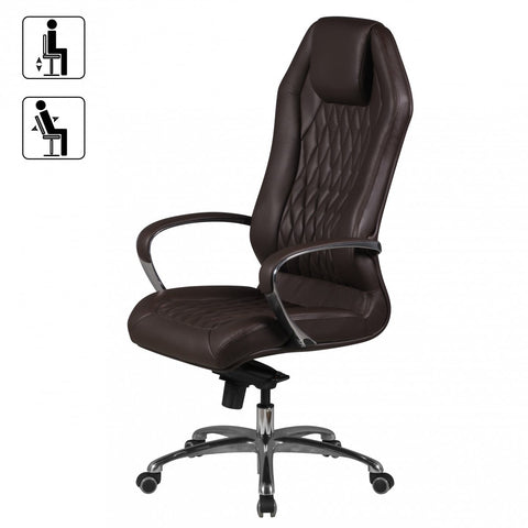 Rootz Executive Chair - Diamond Design - Genuine Leather - Aluminum Armrests - Ergonomic - Breathable - Brown/Silver - 126-136cm x 67cm x 45cm