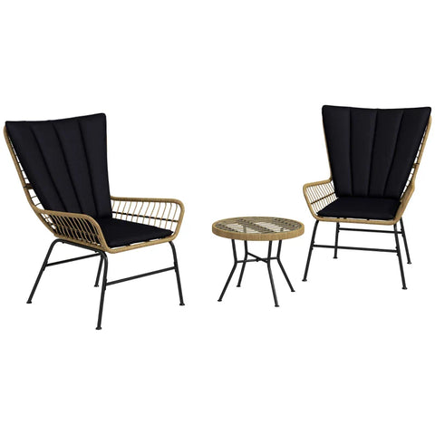 Rootz Garden Furniture Sets - Bistro Set - Boho Style - Balcony Furniture - Weather Resistant - Coffee Table - Seat Cushions - Steel Tube-pe Rattan - Natural Wood-black - 78 x 68 x 95 cm