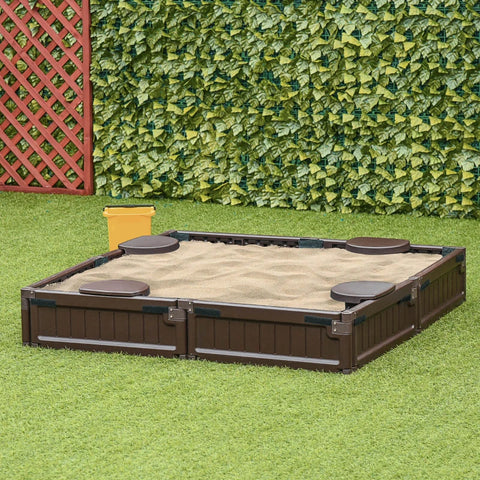 Rootz Sandpit with Cover & Groundsheet - Tarpaulin - Ground Spikes - Modular Design - 4 Seats - Brown - 1.23L x 1.23W Cm