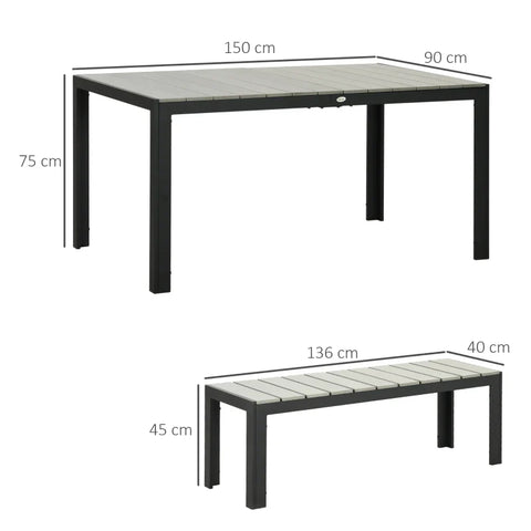 Rootz Garden Furniture Sets - 3 Piece - Patio Furniture Set - 2 Benches - 1 Table - Metal Frame - Wood Look - Steel - Gray - 150L x 90W x 75H cm