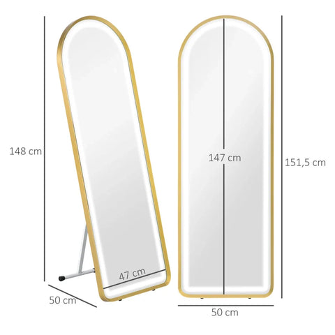 Rootz Standing Mirror - Wall Mirror - Full-length Mirror - Including Wall Mounting - Tempered Glass - Aluminum Alloy - Gold - 50 x 4 x 151.5 cm