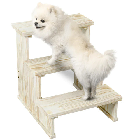 Rootz Pet Stairs - Dog Stairs - 3 Steps - Pine Wood - Non-slip Foot Pads - Natural - 40cm x 46.5cm x 45cm