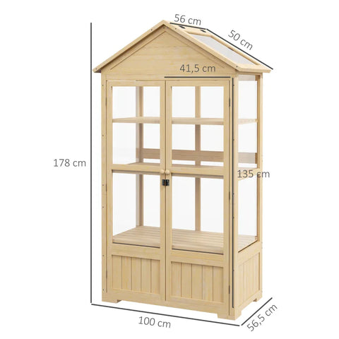 Rootz Wooden Greenhouse - Shelf Transparent Housing - Skylight Locking Door - Acrylic Wooden Frame - Natural - 100x56.5x178cm