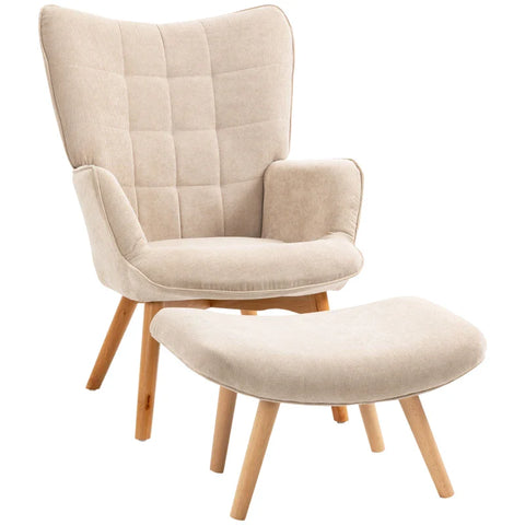 Rootz Accent Chair In Scandi Design - With Ottoman - Armchair Set - Beech Wood - Cord Look - Beige - 72L x 80W x 101H cm