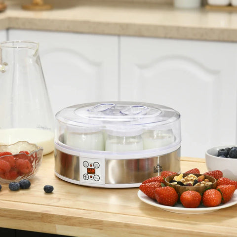 Rootz Yogurt Maker - Yogurt Machine - Kitchen Appliances - Including 7 Glasses - Stainless Steel - Silver + White - 24 cm x 24 cm x 13 cm
