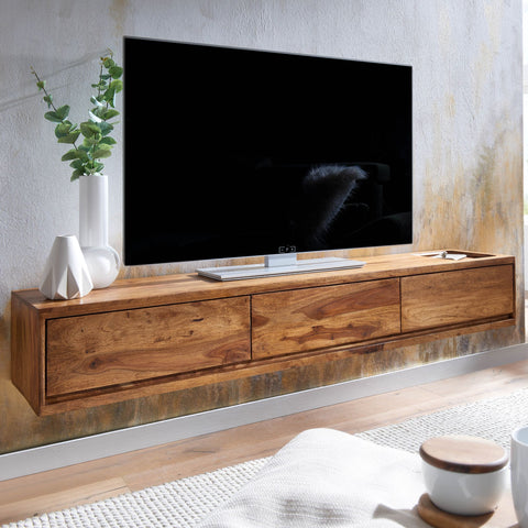 Rootz Modern Design TV Base Cabinet - Lowboard - Entertainment Center - Handcrafted - Sheesham Wood - 160cm x 25cm x 35cm - Remote Control Storage - Three Drawers - Spacious Storage - Brown Color - Suitable for TVs up to 65 inches