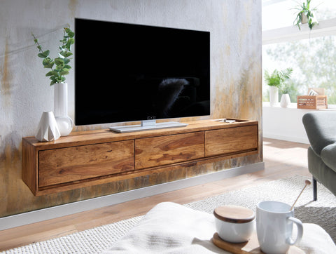 Rootz Modern Design TV Base Cabinet - Lowboard - Entertainment Center - Handcrafted - Sheesham Wood - 160cm x 25cm x 35cm - Remote Control Storage - Three Drawers - Spacious Storage - Brown Color - Suitable for TVs up to 65 inches