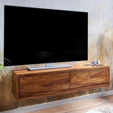 Rootz Modern TV Base Cabinet - Lowboard - Entertainment Center - Handcrafted - Sheesham Wood - 108cm x 25cm x 34cm - Remote Control Storage - Spacious Drawers - Brown Color - Suitable for TVs up to 50 inches