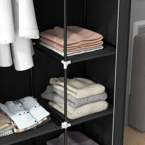 Rootz Fabric Cabinet - Fabric Closet - Cloth Cabinet - Storage Solution - 6 Shelves - 1 Clothes Rail - Non-woven Fabric - Black - 103L x 43W x 162.5H cm