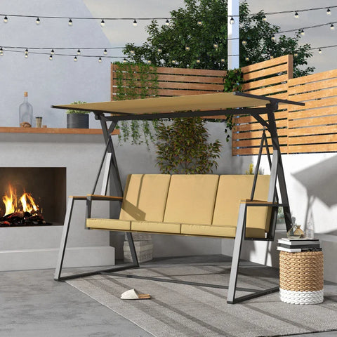 Rootz Hollywood Swing - Garden Swing - 3 Seater Swing with Sun Canopy - Weatherproof - Beige + Black - 205W x 130D x 175H cm