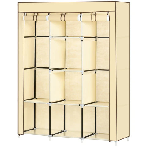 Rootz Fabric Cabinet - Closet Storage Solution - 8 Shelves - 2 Clothes Rails - Non-woven Fabric - Plastic - Beige - 125L x 43W x 162.5H cm