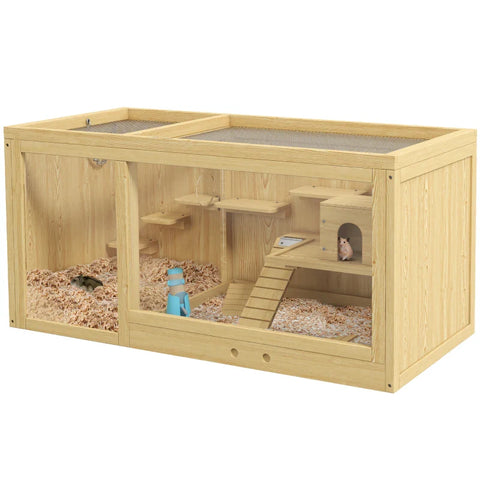 Rootz Small Animal Cage - Water Bottle - Hamster Cage - Including Accessories - Drinker - Fir Wood - Natural - 100 X 50 X 50 Cm
