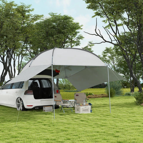 Rootz Car Awning - Vehicle Canopy - Weather Resistant - Truck Awning - Support Pole - Ground Spikes - Two Side Awnings - Polyester Taffeta-fiberglass-steel - Light Gray - 300L x 262W x 230-260H cm