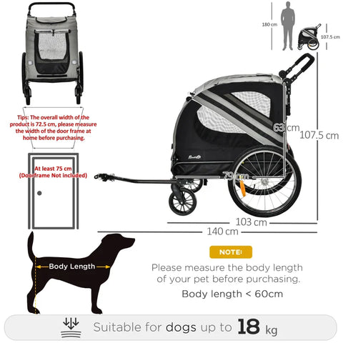 Rootz Dog Buggy - Dog Cart - Pet Buggy - Pet Bike Trailer - Dog Stroller - Safety Leash Reflectors - Gray - 140cm x 72.5cm x 108cm
