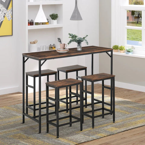 Rootz Bar Table Set - Bar Table With 4 Bar Stools - Kitchen Counter - Chipboard - Steel - Rustic Brown + Black - 100 x 60 x 88 cm