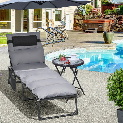 Rootz Folding Lounger - 5-stage Reclining Backrest - Cushion - Up To 120 Kg - Steel - Light Gray - 58 x 189 x 32.5 cm