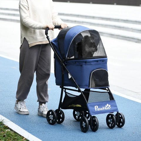 Rootz Folding Dog Stroller - Pet Stroller - 1 Basket - 1 Cushion - 1 Side Pocket - Universal Wheels - Storage Bag - Gray - 81cm x 48cm x 99cm