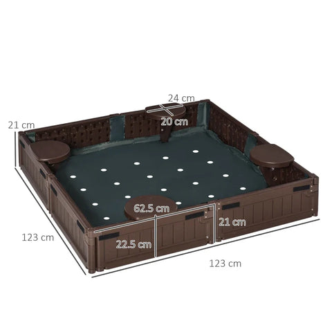 Rootz Sandpit with Cover & Groundsheet - Tarpaulin - Ground Spikes - Modular Design - 4 Seats - Brown - 1.23L x 1.23W Cm