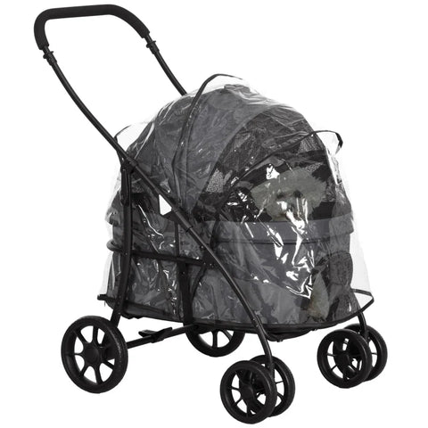 Rootz Dog Buggy - 2 Safety Leashes - Dog Cart - Foldable - Removable Basket - Rain Cover - Oxford Cloth - Steel - Dark Gray - 81L x 68W x 98.5H cm