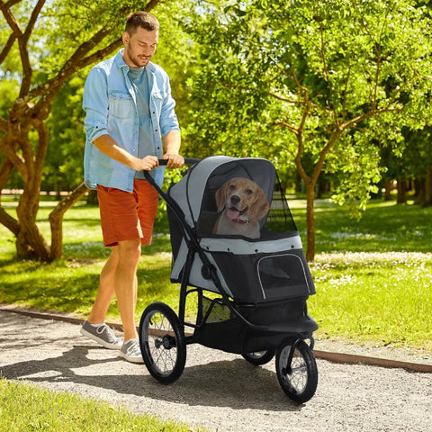 Rootz Folding Dog Stroller - Pet Stroller - Sun Shade - Mesh Window - Storage Basket - Gray - 111 x 58 x 107 cm